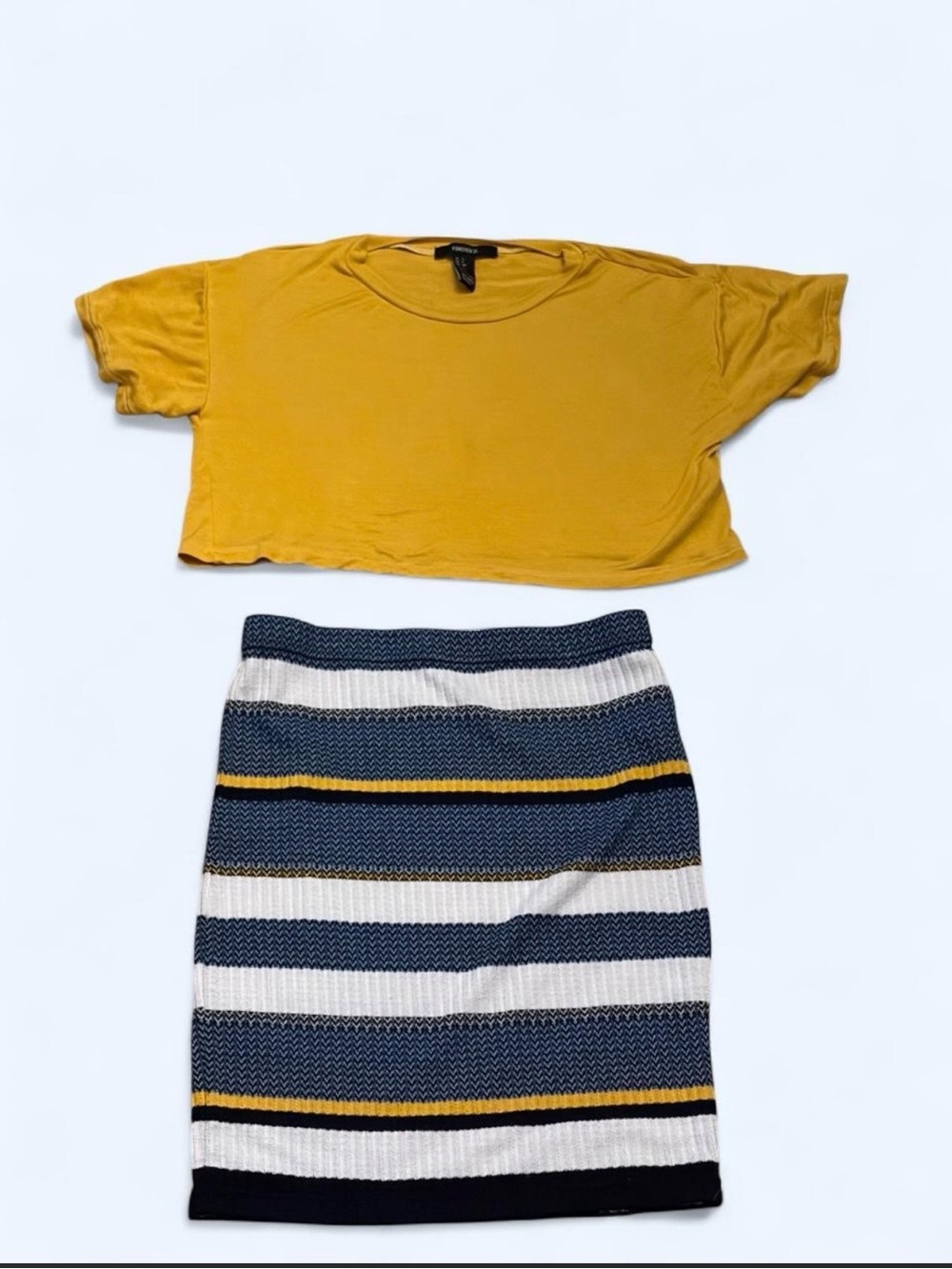 Forever 21 Navy, White & Yellow Striped Pencil Skirt with matching crop-top- sm